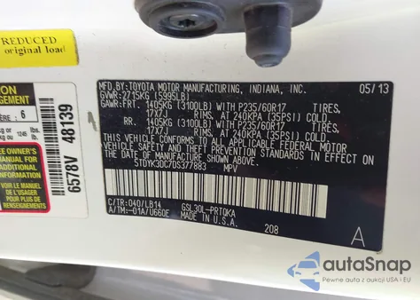 2013 Toyota Sienna Xle V6 8 Passenger from USA, damaged, VIN 5TDYK3DC7DS377883